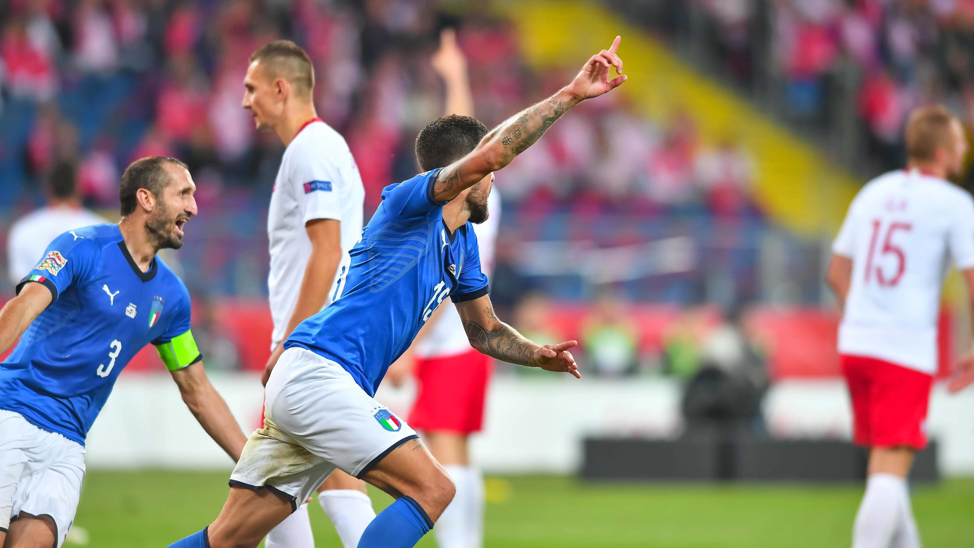 Mamma mia! Fast der Abstieg, dann die Last-Minute-Erlösung für Italien - Siegtorschütze gedenkt verstorbenem Teamkollege Fußball, Nations League, Polen - Italien 2018.10.14 Chorzow Pilka nozna UEFA Liga Narodow 2019 Polska - Wlochy N/z bramka gol radosc na 0-1 Christiano Biraghi Foto Pawel Andrachiewicz / PressFocus 2018.10.14 Chorzow Football UEFA Nations League 2019