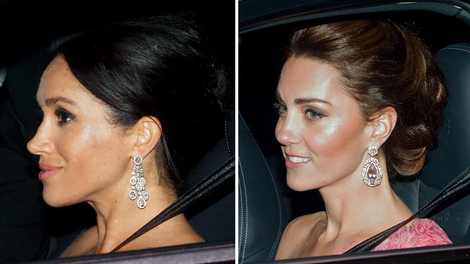 Herzogin Meghan und Herzogin Kate: Statement-Ohrringe für Prinz Charles' 70. Geburtstag Kate und Meghan auf der Fahrt zu Charles' 70. Geburtstag