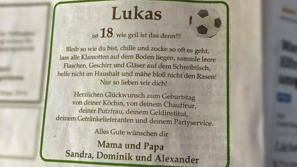 Sohn wird 18: Familie schaltet diese krasse Anzeige Sohn wird 18: Familie schaltet diese krasse Anzeige