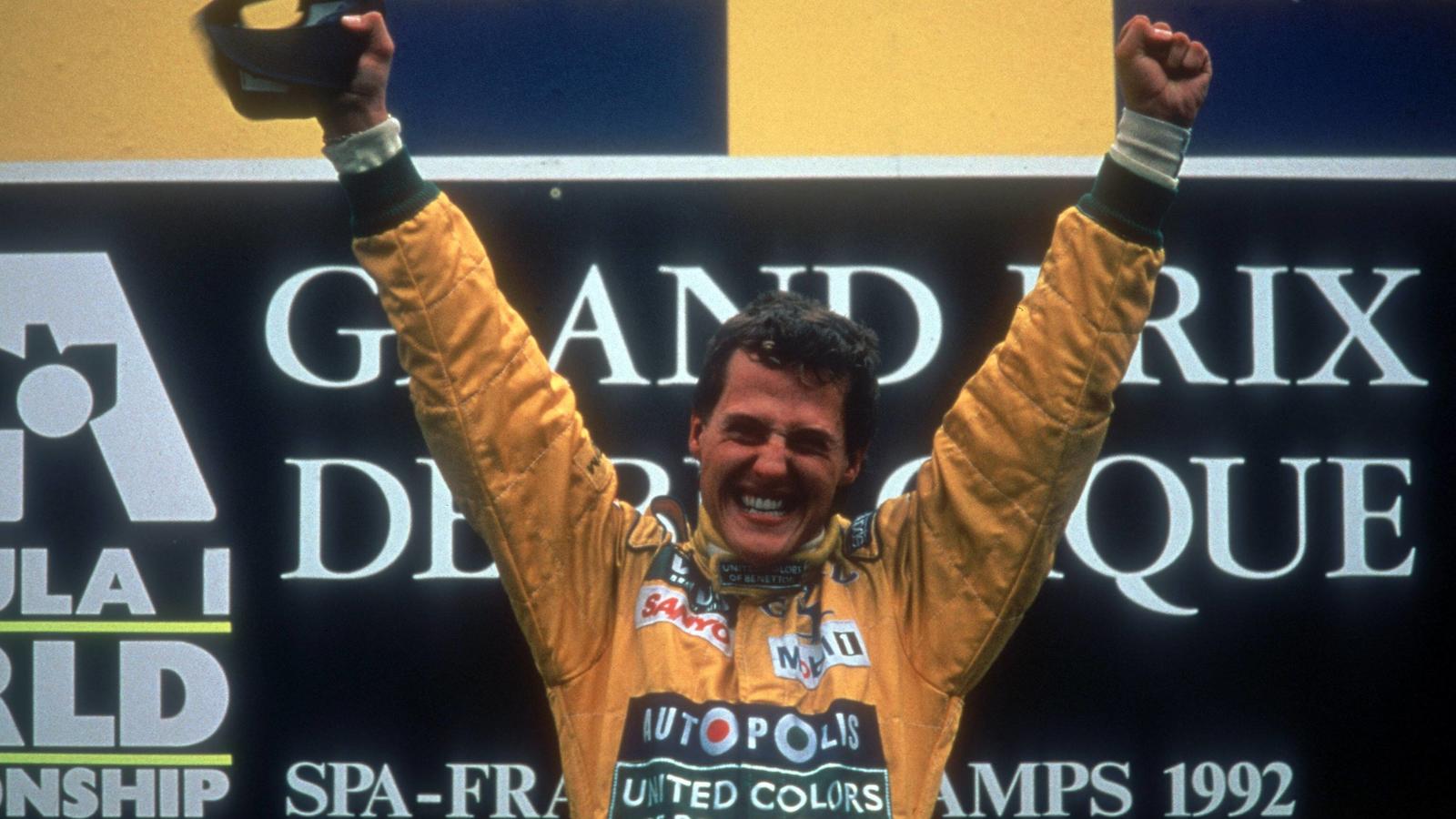 Formel 1 bis mindestens 2021 in Spa Michael Schumacher (Deutschland / Benetton Ford) bejubelt seinen ersten Formel 1 Sieg beim GP von Belgien 1992Michael Schumacher Germany Benetton Ford cheered his first Formula 1 Victory the GP from Belgium 1992