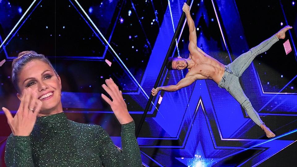 Achtung, heiß und gelenkig! Pole Dancer Sergey Mishchurenko bringt Nazan Eckes ins Schwitzen Nazan Eckes ist nach Sergeys Performance ganz schön aus dem Häuschen.